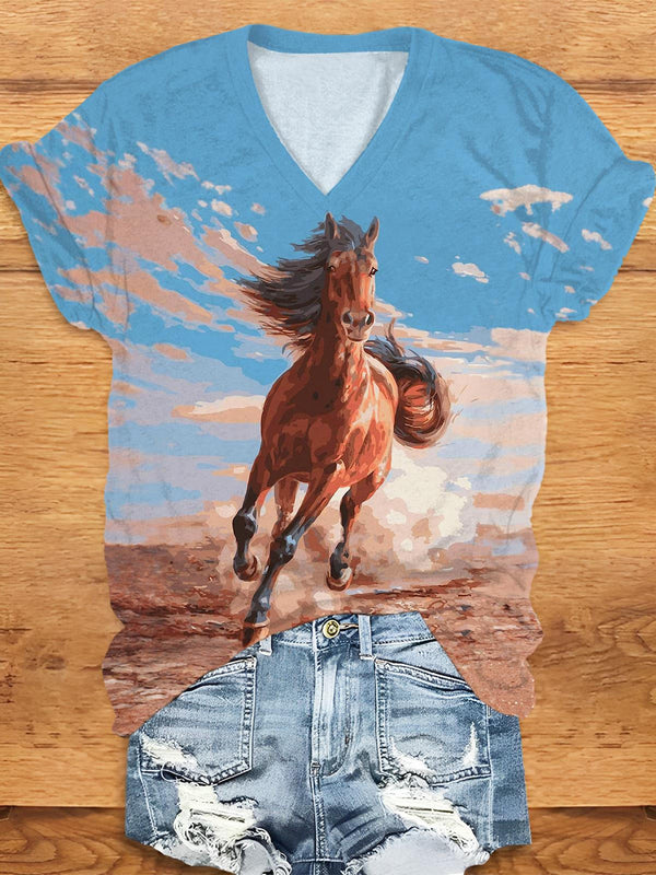 Desert Running Horse V-Neck T-Shirt