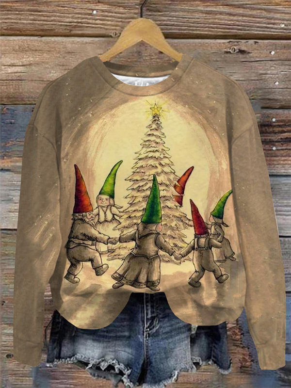 Vintage Gnome And Christmas Tree Print Round Neck Long Sleeve Top