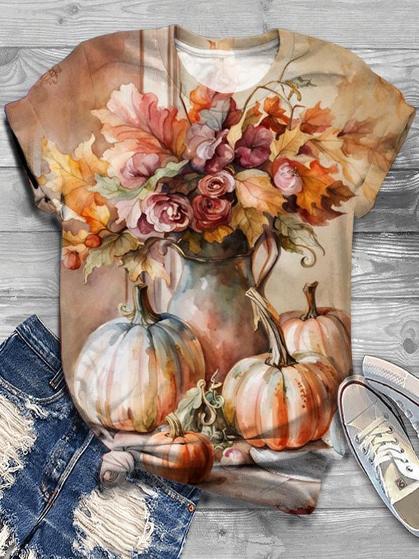 Women's Floral Pumpkin Print T-Shirt