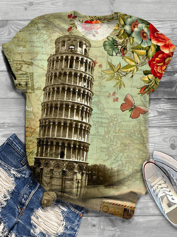 Retro Leaning Tower of Pisa Print Crew Neck T-shirt