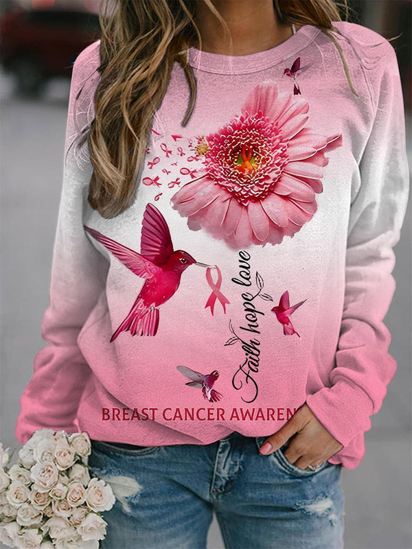 Breast Cancer Bird Sunflower Print Crew Neck Top