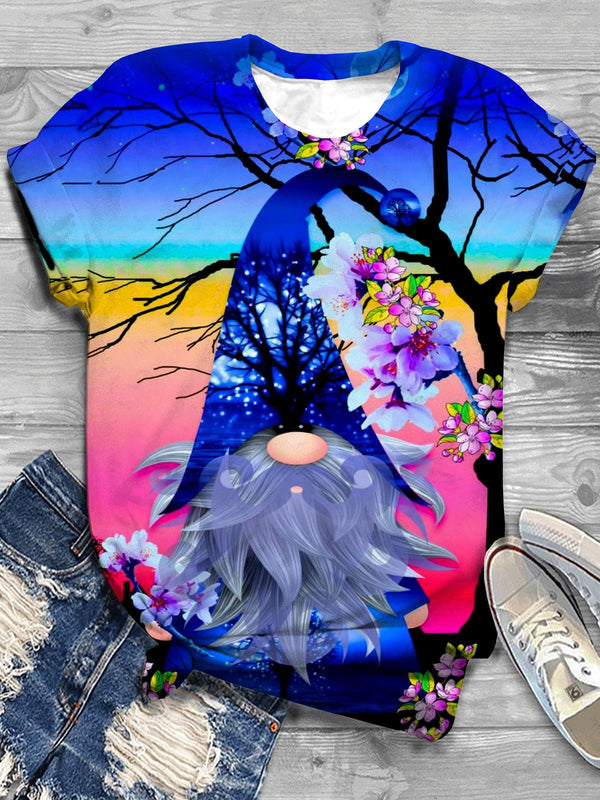 Gnome Floral Tree Ombre Print Crew Neck T-shirt