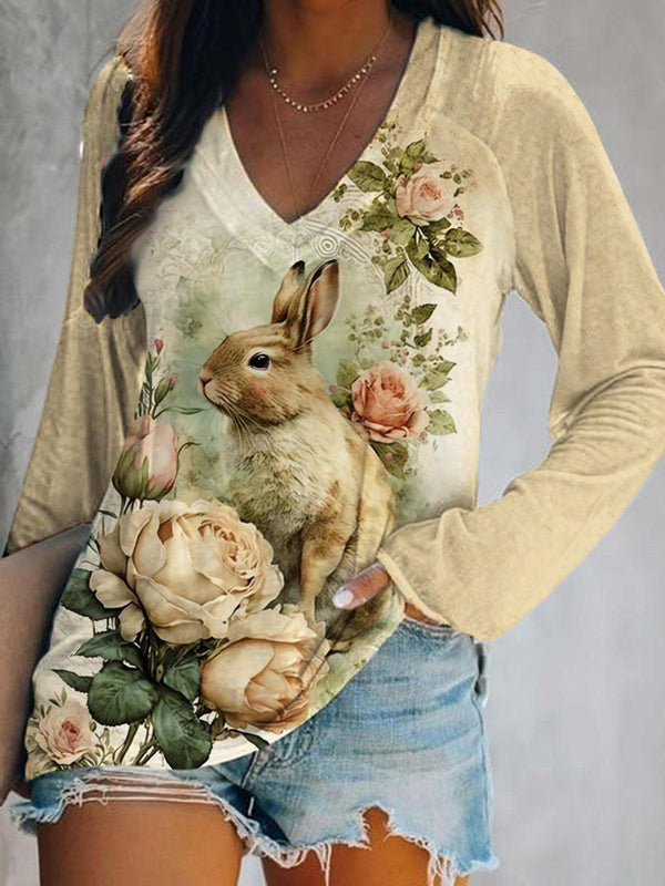 Women's Vintage Floral Rabbit Print Long Sleeve Top