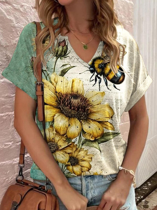 Women's Sunflower Bee Print Vintage Top