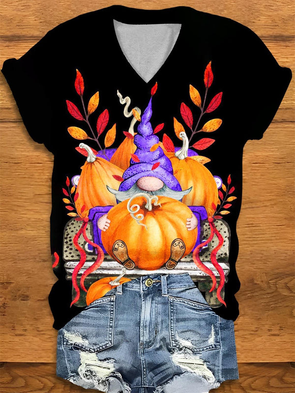 Halloween Watercolor Gnome Print V-Neck T-Shirt