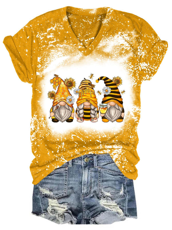 Women's V Neck Sunflower Bee Gnome Print T-Shirt