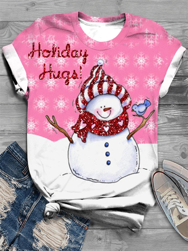 Women's Pink Holiday Snowman Print Crew Neck T-Shirt