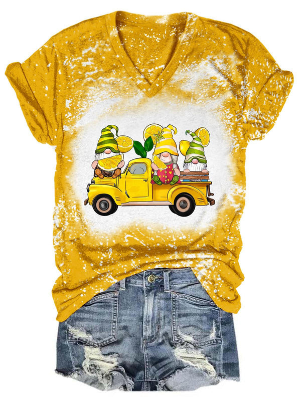 Lemon Truck Gnomies Tie Dye V Neck T-Shirt