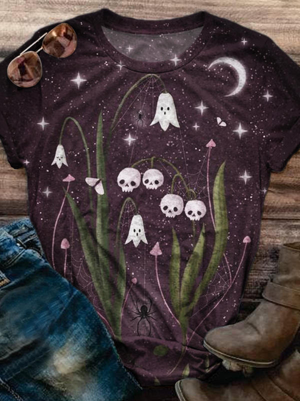 Women's Halloween Floral Skull Ghost Print Top