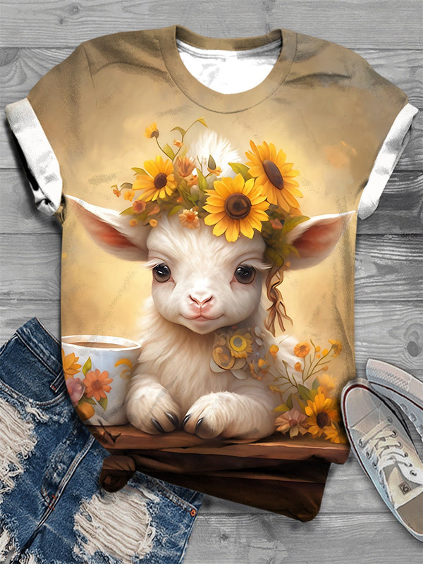 Cute Baby Goat With Sunflowers Crew Neck T-Shirt