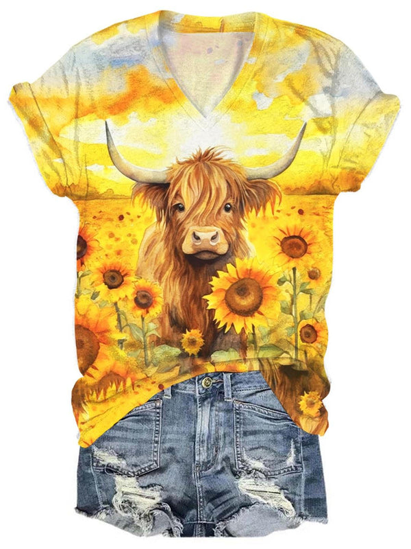 Autumn Sunflower Cow Print V-Neck T-Shirt