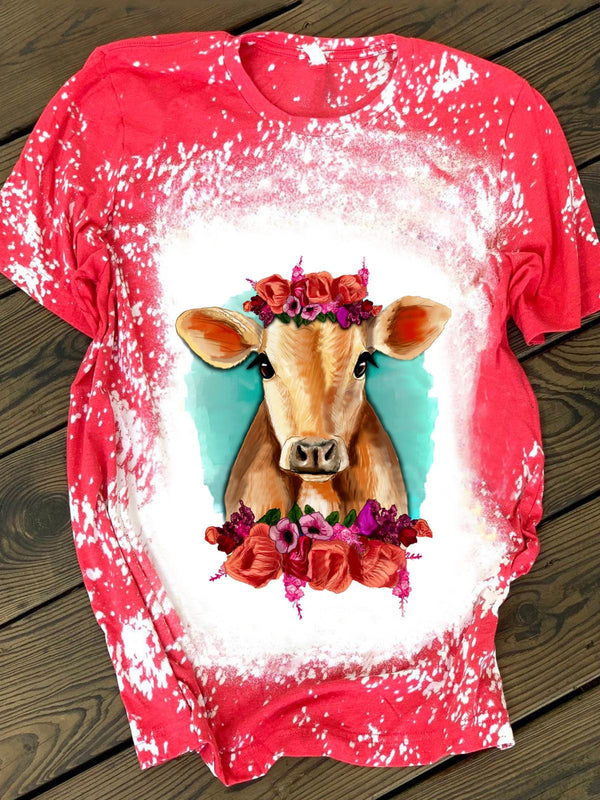 Cow Flower Print Tie Dye Crew Neck T-shirt