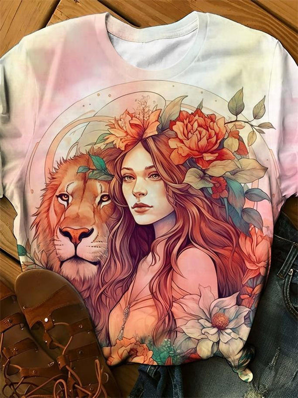 Girl and Lion Crew Neck T-Shirt