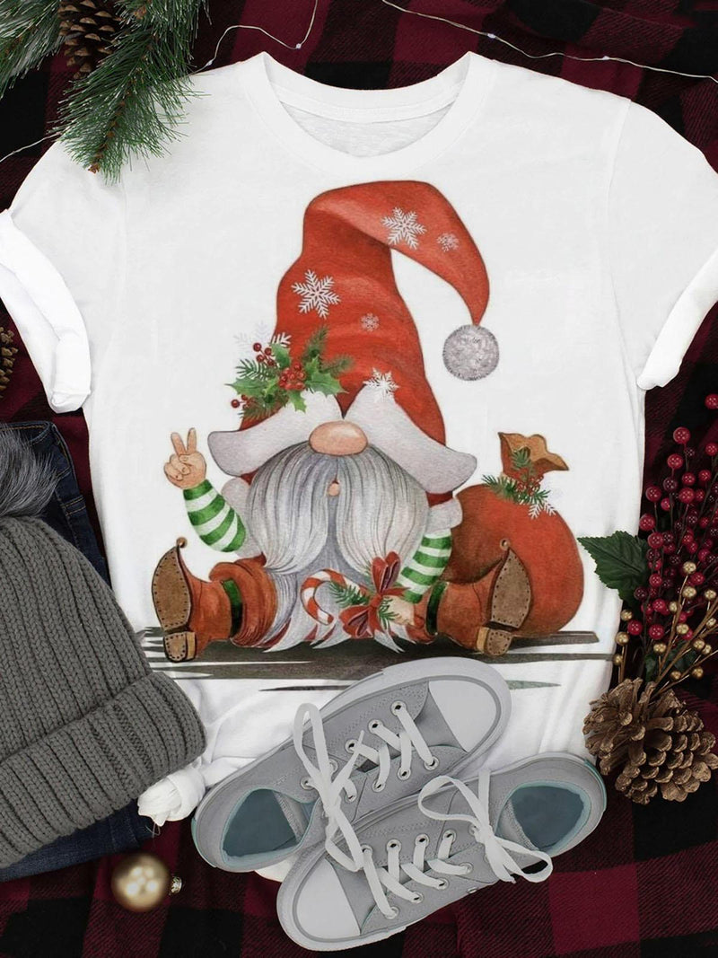 Christmas Cute Gnome Print Crew Neck Tee