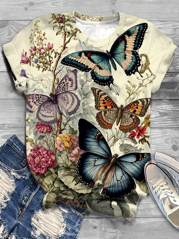 Women's Retro Butterfly Print Short Sleeve Top