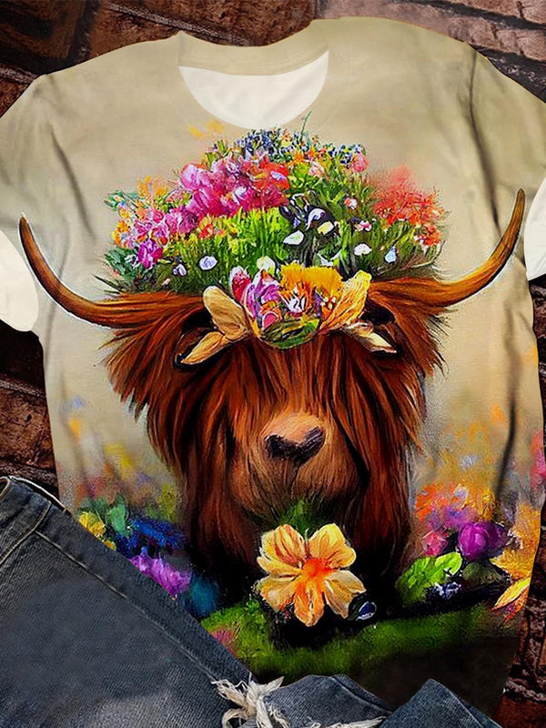 Cow Flower Crew Neck T-shirt