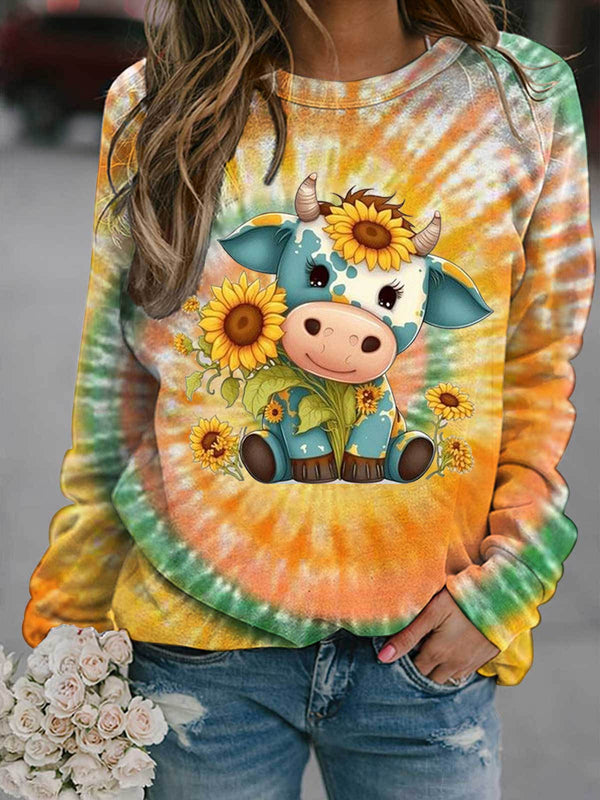 Tie Dye Sunflower Cow Print Long Sleeve Top