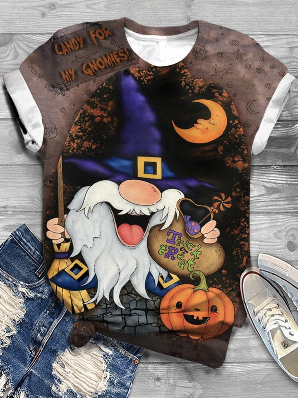 Halloween Gnome Print Crewneck T-Shirt