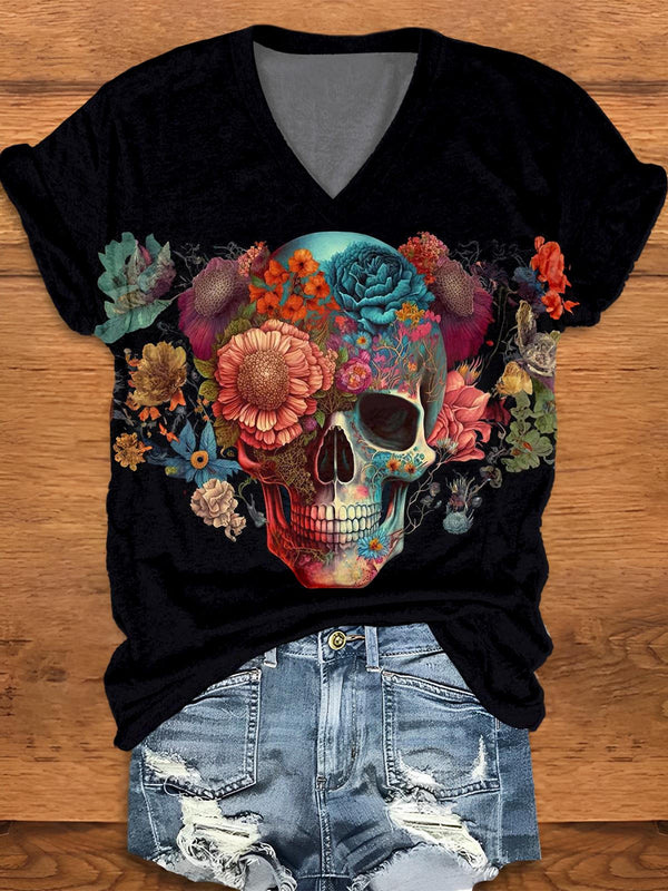 Retro Floral Skull V-Neck T-Shirt