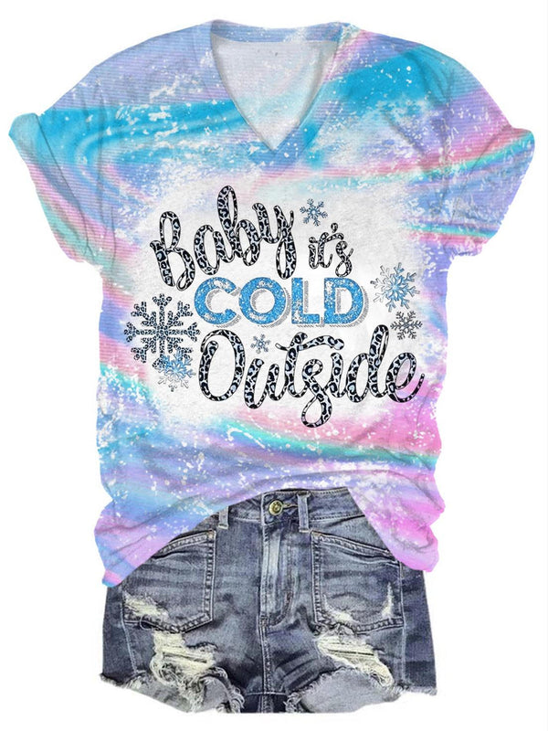 Baby It's Cold Outside Print V-Neck T-Shirt