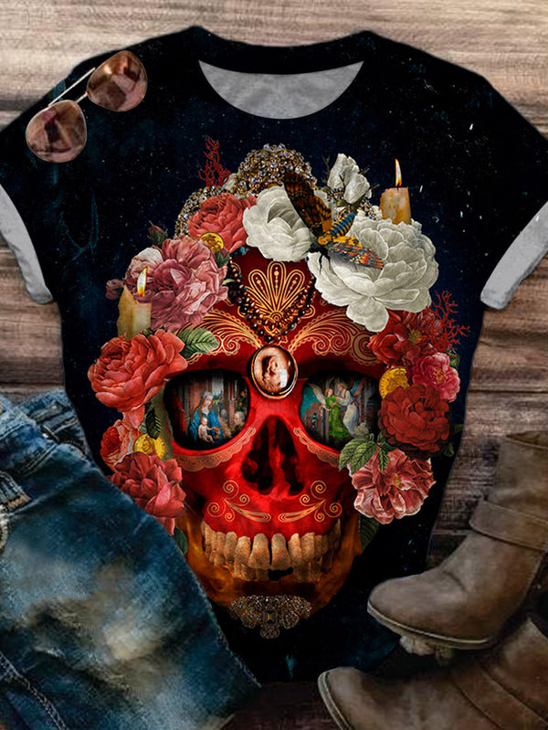 Floral Skull Print Crew Neck T-shirt