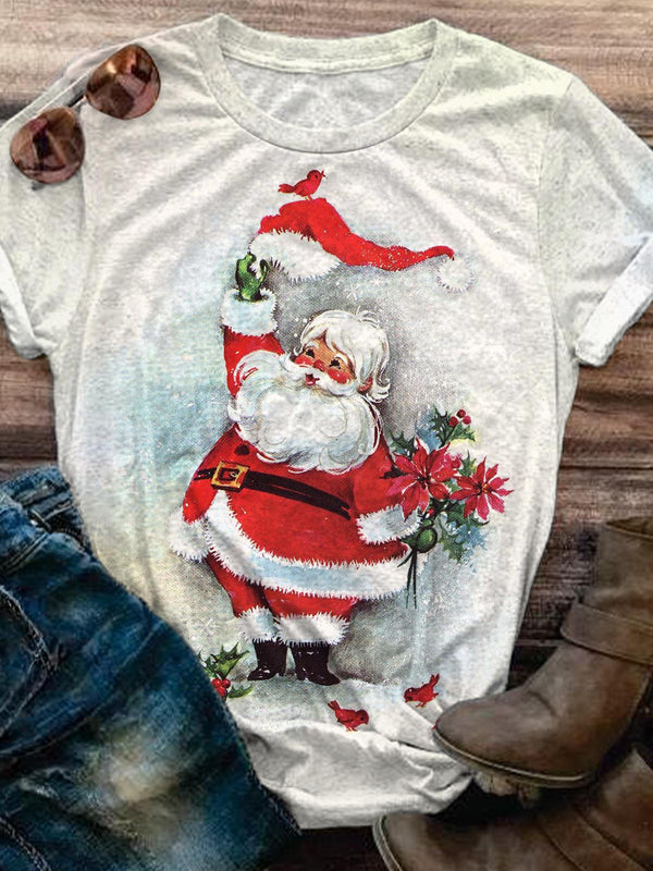 Santa And Red Birds Crew Neck T-shirt