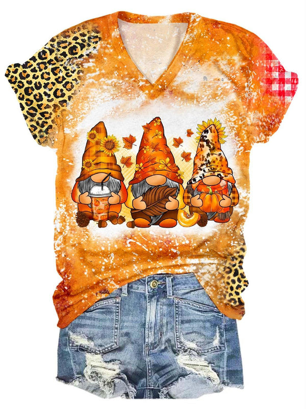 Fall Gnomes Maple Leaf Print T-Shirt