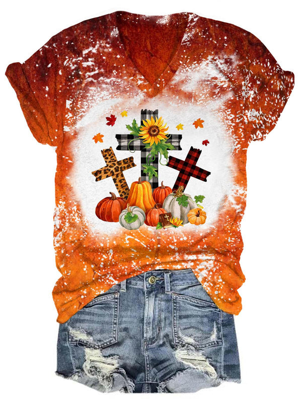 Pumpkin Fall Faith Tie-Dye Print Top