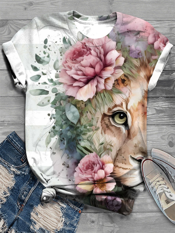 Women's Floral Lion Print Crew Neck T-Shirt