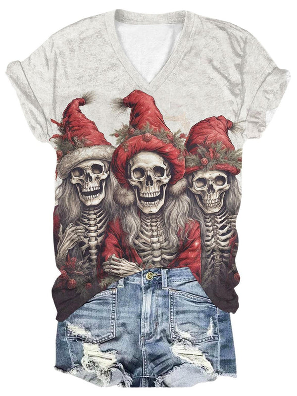 Skull Print V Neck T-Shirt
