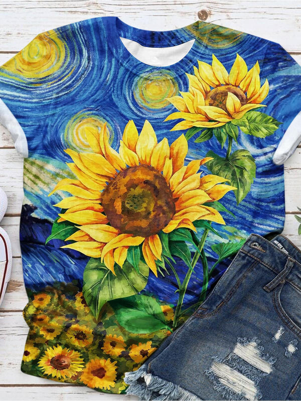 Sunflower Oil Painting Print Casual T-shirt