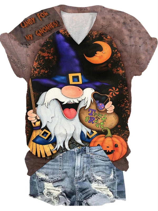 Halloween Gnome Print V-Neck T-Shirt