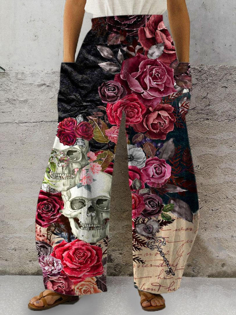 Rose Skull Print Pocket Trousers