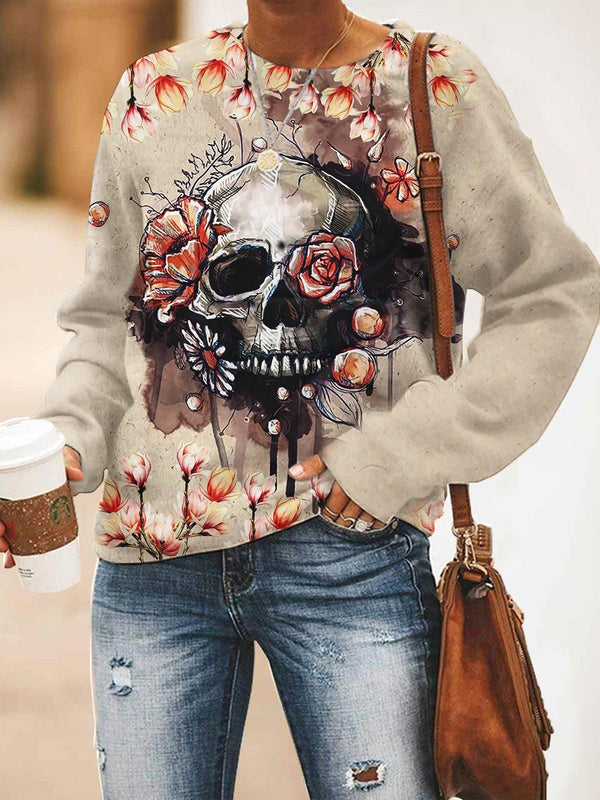 Floral Skull Print Round Neck Long Sleeve Top