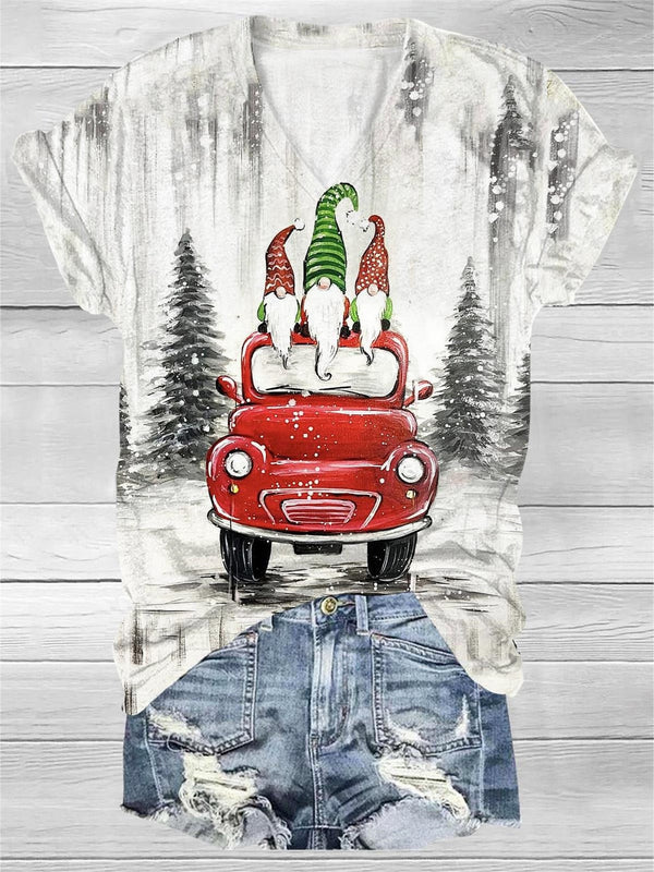 Christmas Truck Gnome Print V-Neck T-Shirt