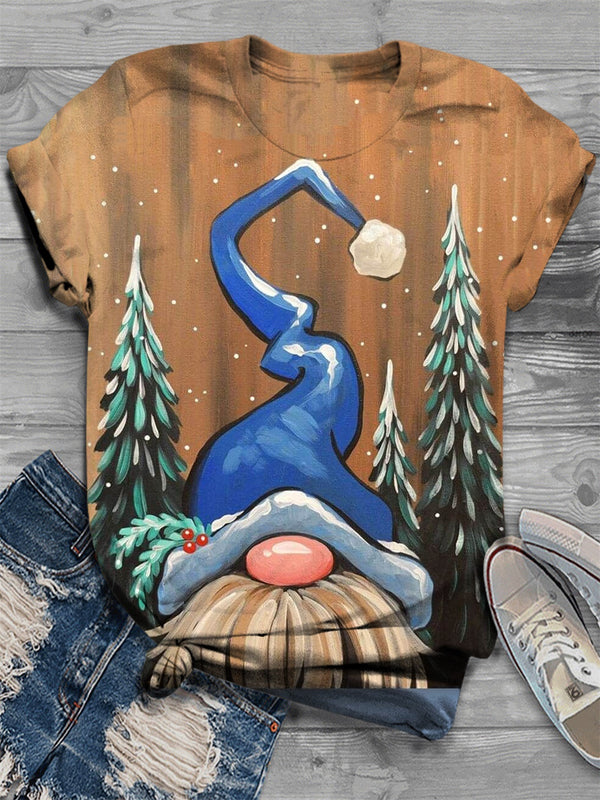 Women's Winter Vintage Gnome Print Crew Neck T-Shirt