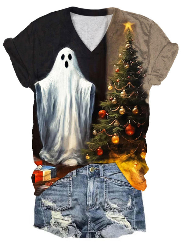 Ghost With Christmas Tree Print T-Shirt