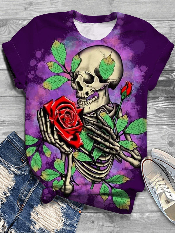 Skull Rose Gradient Crew Neck T-shirt