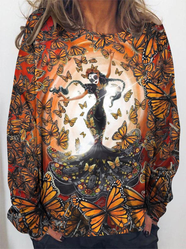 Butterfly Skull Lady Print Long Sleeve Casual Top