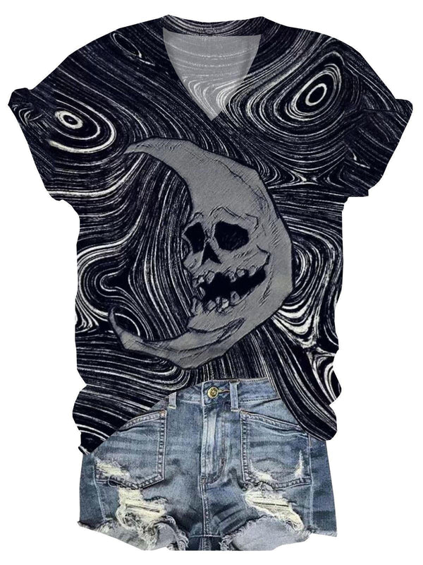 Skull Moon Pprint V Neck T-Shirt