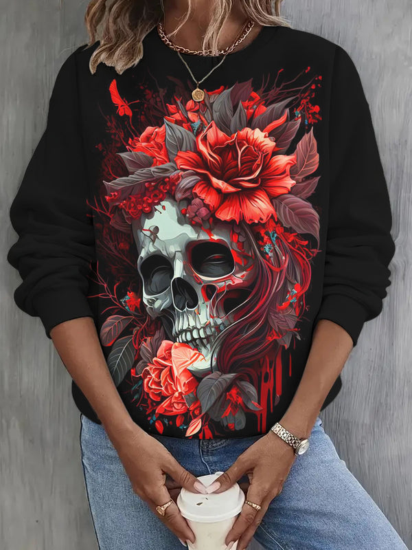 Women's Dark Floral Skull Print Casual Top