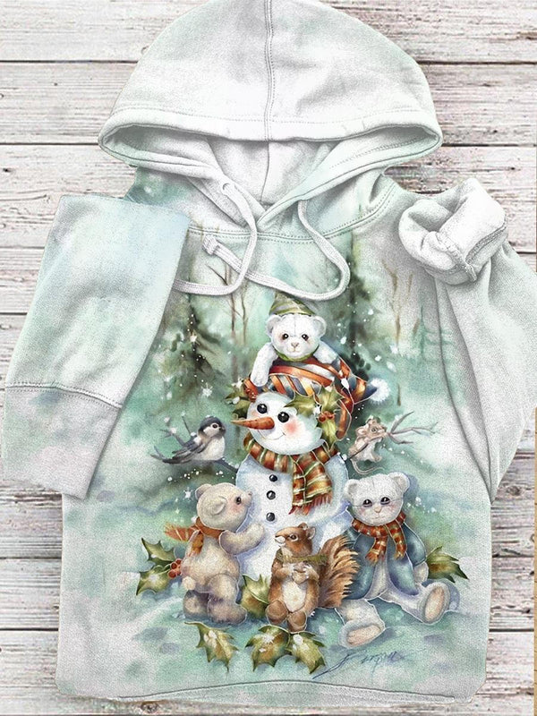Bear Snowman Print Pocket Hooded Top