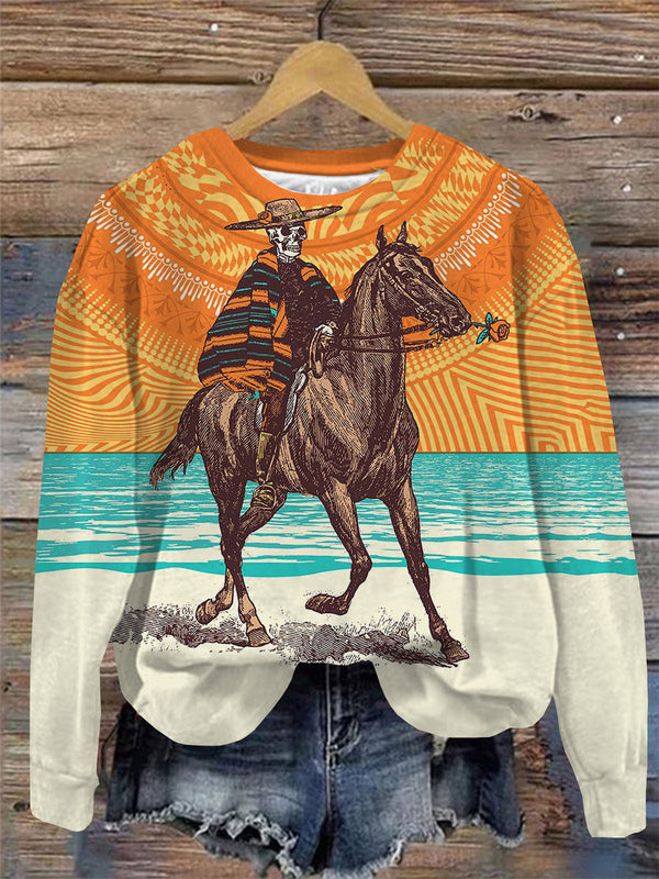 Skull And Horse print Round Neck Long Sleeve Top