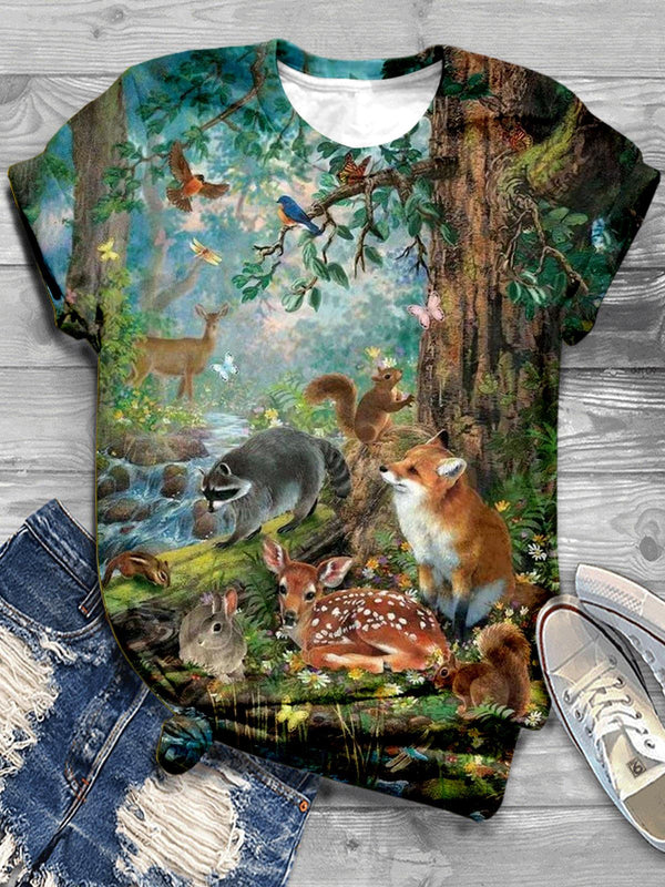 Forest Animals Print Casual T-shirt