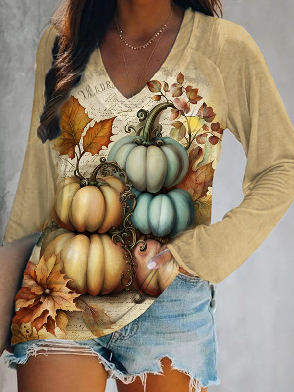 Women's Retro Pumpkin Print V-Neck Long Sleeve Top