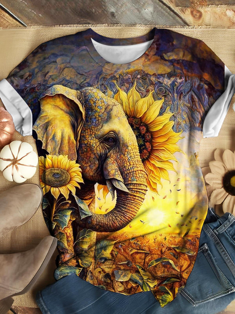 Sunflower Field Elephant Print Casual T-shirt