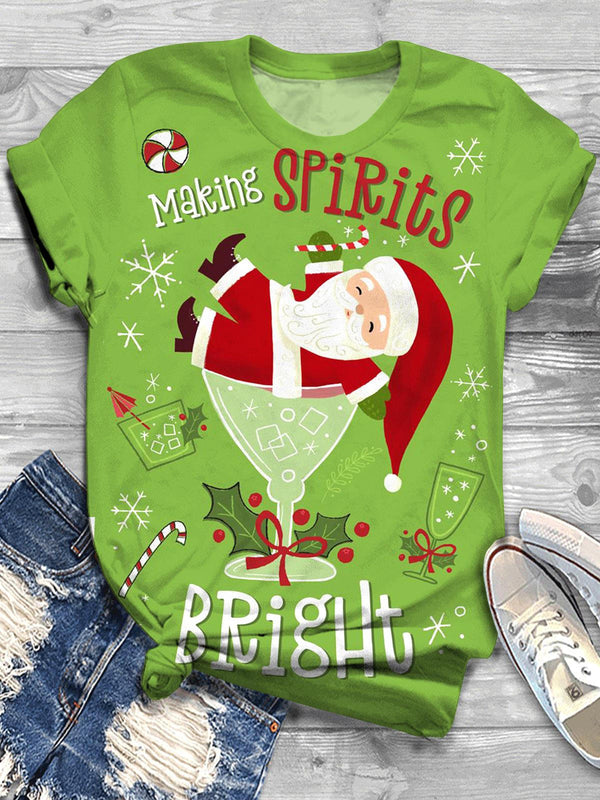 Santa Claus And Wine Glass Print Crew Neck T-shirt