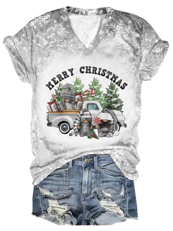 Grey Christmas Gnomes V-Neck Tie Dye T-Shirt