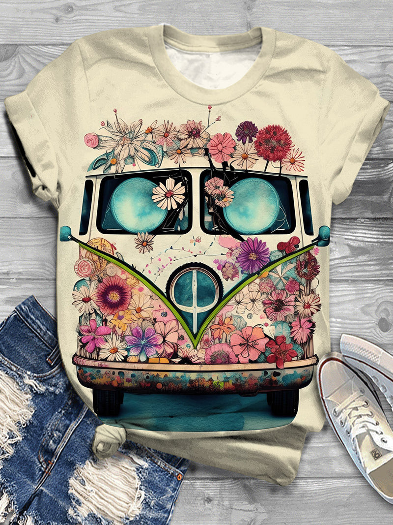 Vintage Hippie Van Print Crew Neck T-shirt