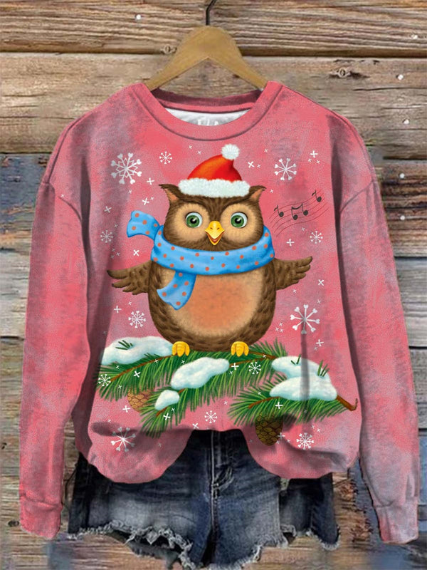 Winter Owl Print Crew Neck Long Sleeve Top